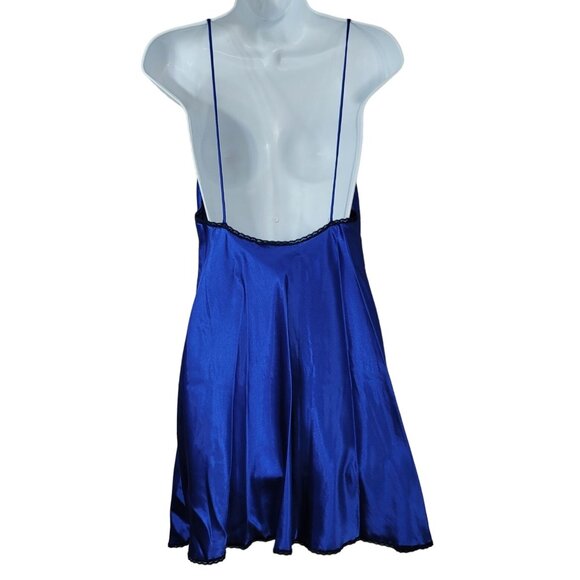 Val Mode Lingerie Blue Medium Black Lace Trim Nightie USA SatinChemise Slip VTG - Picture 4 of 6